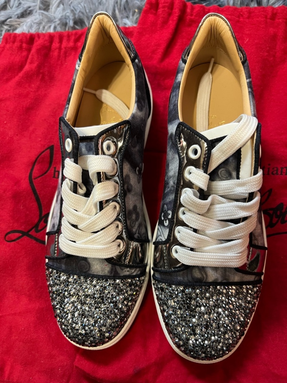 Christian Louboutin Black Glitter Cap-Toe Low-Top Sneakers with White Laces
